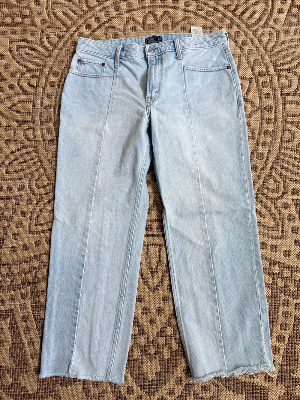 Abercrombie & Fitch High Rise Ankle Straight Jeans Light Wash Sz 14 32 Raw Hem